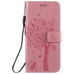 Nokia 2.4 Phone Case, Nokia 2.4 Flip Case PU Leather Wallet Cover Cat & Tree Embossed Soft TPU Bumper Protective Shockproof Case for Nokia 2.4 with Card Slots Magnetic Buckle Kickstand, Pink