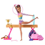 Barbie Gymnastics Doll & Accessories, Playset with Brunette Fashion Doll, C-Clip for Flipping Action, Balance Beam, Warm-Up Suit & More, HRG53
