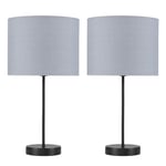 Pair of - Modern Standard Table Lamps in a Black Metal Finish with a Grey Cylinder Shade - Complete with 4w LED Candle Bulbs [3000K Warm White]