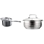 Le Creuset 3-Ply Stainless Steel Saucepan with Lid, 16 x 9.5 cm, Silver & Le Creuset 3-Ply Stainless Steel Multi Steamer Insert with Glass Lid, for use with 3Ply Stainless Steel Pans, 16 cm to 20 cm