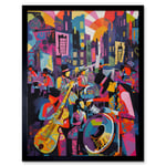 New Orleans Jazz Festival Street Musicians Playing Music City at Sunset Abstract Modern Painting Art Print Framed Poster Wall Decor 12x16 inch