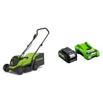 Greenworks Cordless Lawnmower Brushless 24V 33cm Incl. Battery 4Ah and Charger, Up to 300m² Mulching 30L 5-Level Cutting Height GD24LM33K4